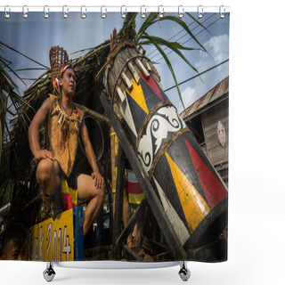 Personality  SARAWAK, MALAYSIA: JUNE 1, 2014: Musicians From The Bidayuh Tribe, An Indigenous Native People Of Borneo Plays The Drums In A Street Parade Celebrating Thanksgiving Day, Known As The Gawai Festival. Shower Curtains