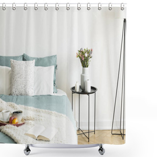 Personality  Close-up Of A Bed With Pale Sage Green And White Linen, Pillows And A Blanket In A Sunny Bedroom Interior. A Round Black Metal Side Table With Vases And Flowers Beside The Bed. Real Photo Shower Curtains
