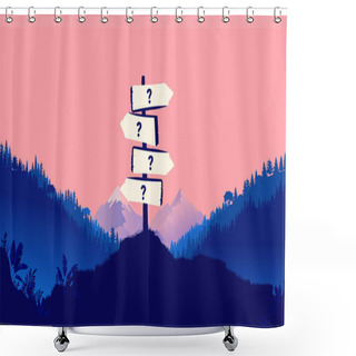 Personality  Difficult Choice - Signpost In Open Nature Landscape Pointing In Different Directions With Question Marks. Trouble Making Choices Concept. Vector Illustration. Shower Curtains