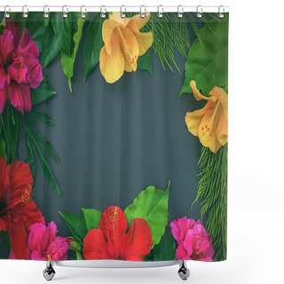 Personality  Frame Of Flowers, Hibiscuses, Dof Roses, And Green Leaves O Shower Curtains
