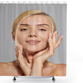 Personality  Beautiful Young Woman With Healthy Skin Touching Her Face With Hands In Gray Background Shower Curtains
