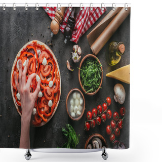 Personality  Cropped Shot Of Woman Spreading Mozzarella Pieces Onto Pizza On Concrete Table Shower Curtains