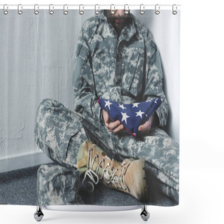 Personality  Partial View Of Depressed Man In Military Uniform Sitting On Grey Floor In Corner And Holding Usa National Flag Shower Curtains