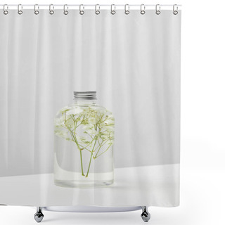 Personality  Organic Cosmetic Product In Transparent Bottle With Herbs On White Table Isolated On Grey  Shower Curtains