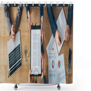 Personality  Overhead View Of Employee Holding Resume Near Recruiters At Table, Panoramic Shot Shower Curtains