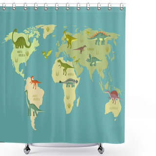 Personality  Print. World Map With Dinosaurs. Dino World Map. Cartoon Dinosaurs. Shower Curtains