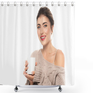 Personality  Joyful Woman In Openwork Sweater Holding Cup Of Warm Drink Isolated On White Shower Curtains