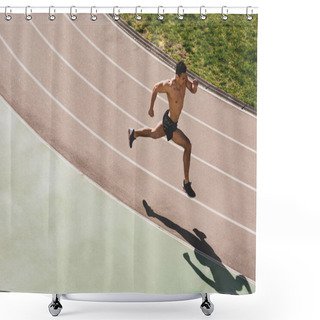 Personality  Overhead View Of Mixed Race Sportsman Running At Stadium Shower Curtains