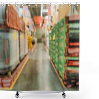 Personality  Blurred View Of Shelves With Boxes In Shipping Stock  Shower Curtains