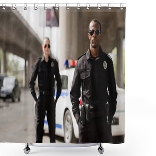 Personality  Police Officers With Hands In Pockets Looking At Camera In Front Of Car Shower Curtains