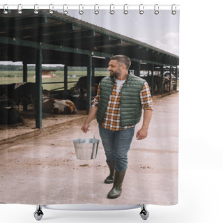 Personality  Handsome Male Farmer Holding Bucket And Looking At Cows In Cowshed Shower Curtains