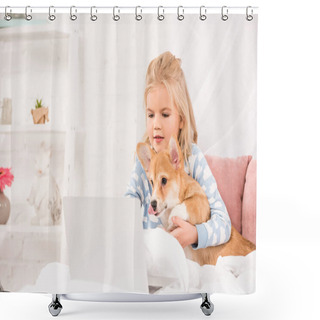 Personality  Cute Child Lying In Bed With Corgi Dog And Using Laptop At Home Shower Curtains