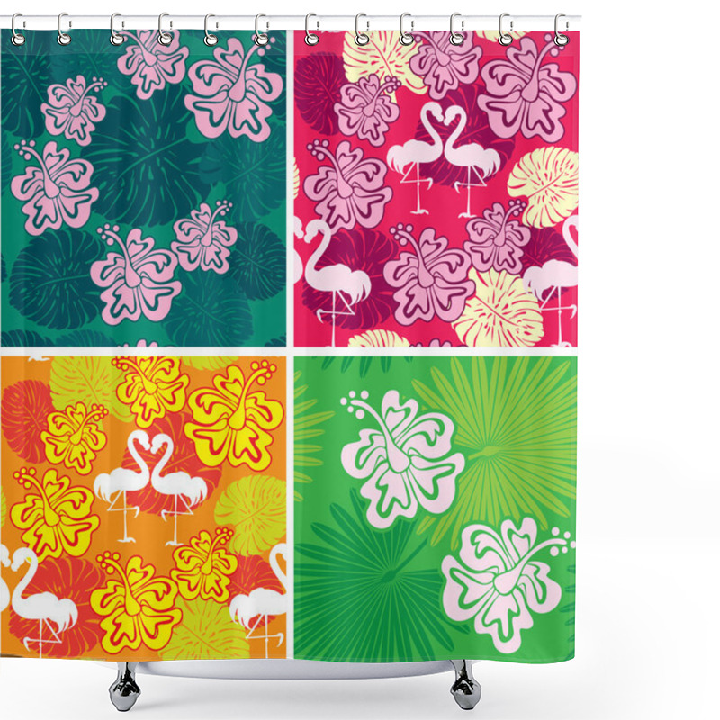 Personality  Set Of Seamless Patterns With Palm Trees Leaves, Frangipani Flow Shower Curtains