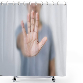 Personality  Stop Concept A Man Showing Hand Making Shower Curtains