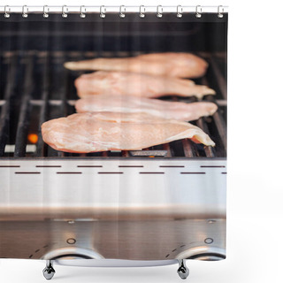Personality  Cooking Healthy Dinner On Outdoor Gas Grill. Shower Curtains