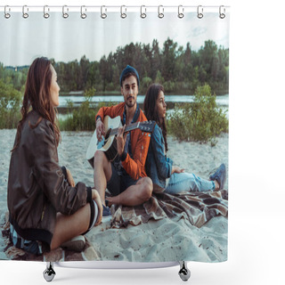Personality  Man With Friends Playing Guitar On Beach Shower Curtains