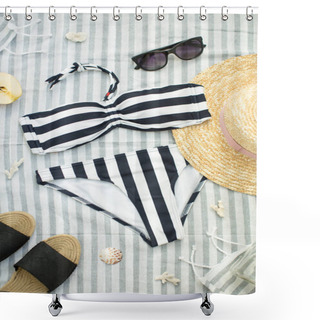 Personality  Summer Woman Accessories On The Beach, Swimsuit, Hat And Glasses Shower Curtains