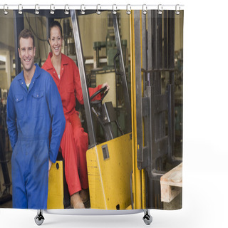 Personality  Two Warehouse Workers With Forklift Shower Curtains