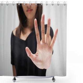 Personality  Young Woman Showing Her Denial With NO On Her Hand Shower Curtains