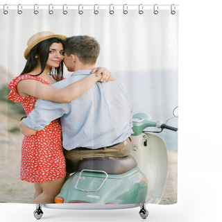 Personality  Happy Young Couple In Love On Retro Motorbike Driving Togetger And Ejoying The Trip Near The Ocean. Shower Curtains