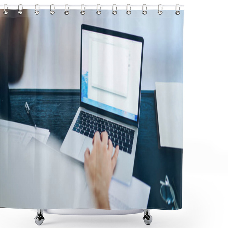 Personality  Cropped Image Of Male Freelancer Typing On Laptop Computer Share Publication In Social Networks, Back View Of Caucasian Man Using Modern Netbook For Online Job Browse And Downloading Files Shower Curtains