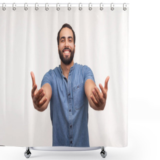 Personality  Handsome Good Natured Man Widely Open Hands Calling Into His Arms, Going To Embrace And Comforting, Kindly Smiling And Welcoming. Indoor Studio Shot Isolated On White Background Shower Curtains