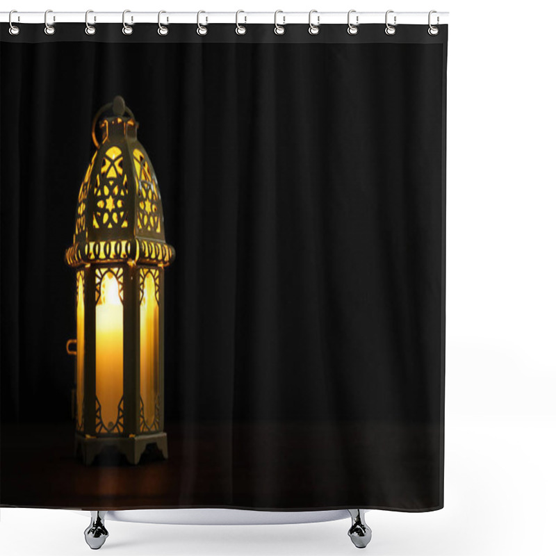 Personality  Decorative Arabic Lantern On Wooden Table Against Black Background, Space For Text Shower Curtains