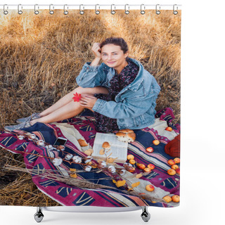 Personality  The Concept Of Livestyle And Family Outdoor Recreation In Autumn. Picnic In The Fresh Air: A Young Woman In A Denim Jacket And Dress Enjoying Nature. Plaid With A Picnic Basket, Apples, Wine. On The  Background Autumn  Field. Shower Curtains