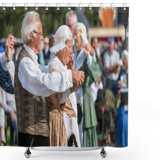 Personality  Eldery Man And Woman Demonstrating An Old Dutch Folk Dance During A Dutch Festival Shower Curtains