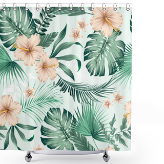 Personality  Vector Seamless Botanical Tropical Pattern With Flowers. Lush Foliage Floral Design With Monstera Leaves, Areca Palm Leaves, Fan Palm, Hibiscus Flower, Frangipani Flower. Modern Allover Background. Shower Curtains