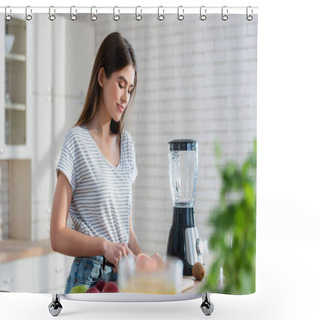 Personality  Smiling Woman Preparing Breakfast Near Fresh Fruits And Blender In Kitchen Shower Curtains