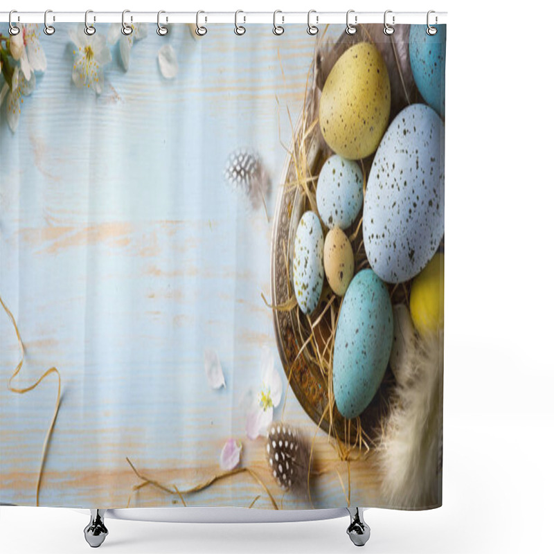 Personality  Easter Background With Easter Eggs And Spring Flowers. Top View  Shower Curtains