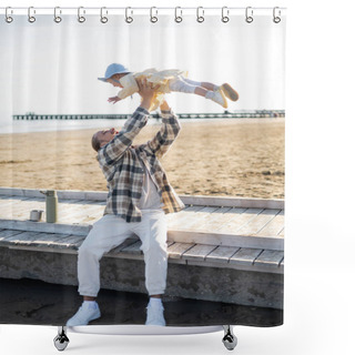 Personality  Excited Father Holding Toddler Daughter On Pier On Beach In Treviso Shower Curtains