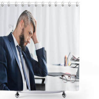 Personality  Tired Businessman Looking At Laptop Near Eyeglasses On Blurred Foreground On Office Table  Shower Curtains