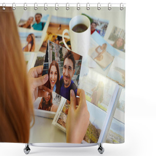 Personality  Romantic Woman Looking At Image Prints With Her Boyfriend At Home Shower Curtains