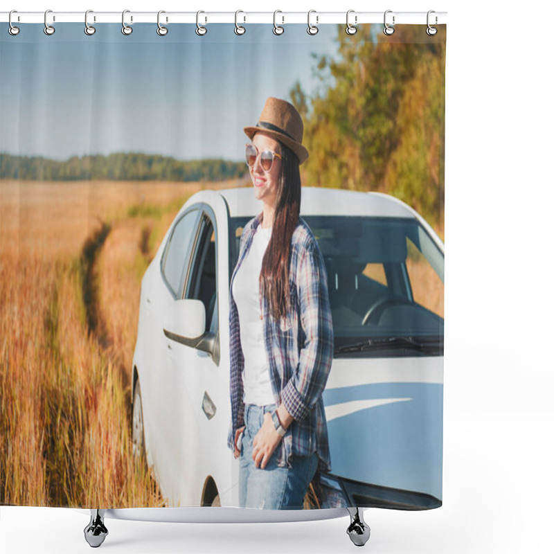 Personality  Beautiful Woman With White Car In The Field  Shower Curtains