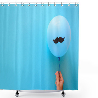 Personality  Hand Holding Blue Balloon With A Paper Mustache On Blue Paper Background. Cut Out Style. Movember Shower Curtains
