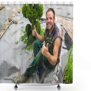 Personality  Small Life Trees Or Thuja Cut In Shape On A Meadow. Shower Curtains