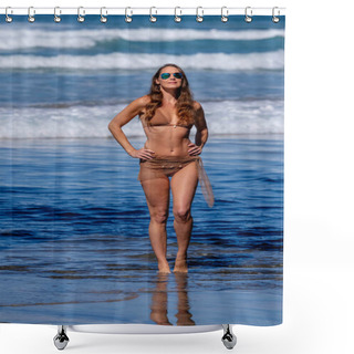 Personality  Breathtaking Woman Basks In Beach Bliss, Near A Pier, Under Clear Blue Skies, Embracing The Serenity Of A Perfect Day By The Sea Shower Curtains