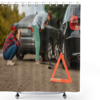 Personality  Car Accident On Road, Male And Female Drivers. Automobile Crash, Emergency Stop Sign. Broken Automobile Or Damaged Vehicle, Auto Collision On Highway Shower Curtains