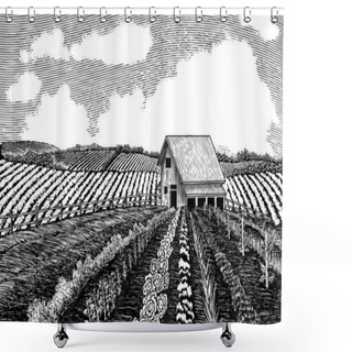 Personality  Woodcut Illustration Of A Vegetable Garden With A Barn In The Background. Shower Curtains