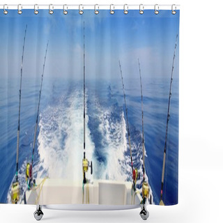 Personality  Boat Fishing Trolling Panoramic Rod And Reels Blue Sea Shower Curtains