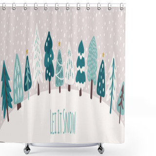 Personality  Cute Scandinavian Christmas Tree Horizontal Background With Hand Drawn Snowy Fir Trees Forest Shower Curtains