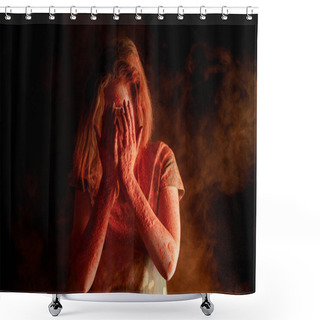 Personality  Woman Covering Face With Orange Colorful Holi Paint On Hands On Black Background Shower Curtains