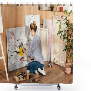 Personality  Back View Of Attractive Girl Painting In Art Studio Shower Curtains