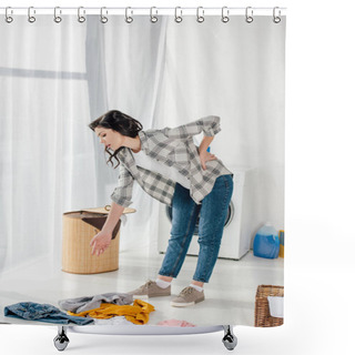 Personality  Woman Standing Near Baskets And Holding Backache In Laundry Room Shower Curtains