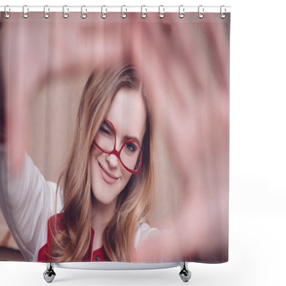 Personality  Woman Making Focus Framing Gesture Shower Curtains