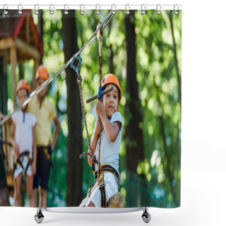 Personality  Selective Focus Of Cute African American Boy Riding On Cable Car Near Friends  Shower Curtains