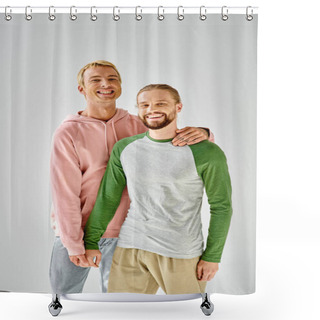 Personality  Joyful Gay Couple In Stylish Casual Attire Standing And Looking At Camera On Grey Backdrop Shower Curtains