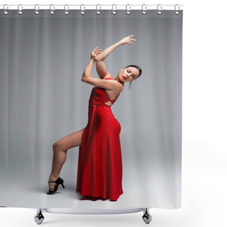 Personality  Full Length Of Professional Ballroom Dancer Moving On Grey Background Shower Curtains